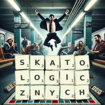 Kreatywna ilustracja do gry w Scrabble ze słowem SKATOLOGICZNYCH ułożonym z płytek na planszy.