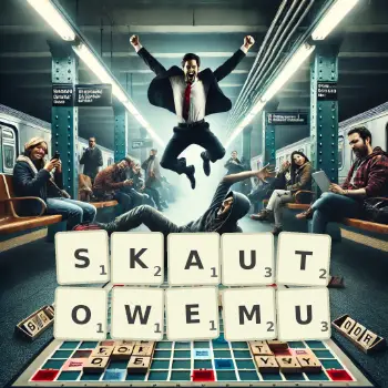 Kreatywna ilustracja do gry w Scrabble ze słowem SKAUTOWEMU ułożonym z płytek na planszy.