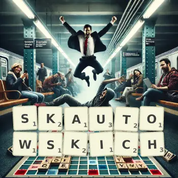 Kreatywna ilustracja do gry w Scrabble ze słowem SKAUTOWSKICH ułożonym z płytek na planszy.