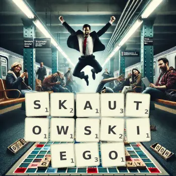 Kreatywna ilustracja do gry w Scrabble ze słowem SKAUTOWSKIEGO ułożonym z płytek na planszy.