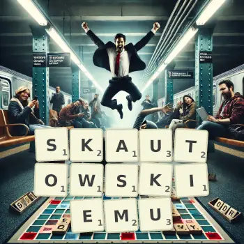 Kreatywna ilustracja do gry w Scrabble ze słowem SKAUTOWSKIEMU ułożonym z płytek na planszy.