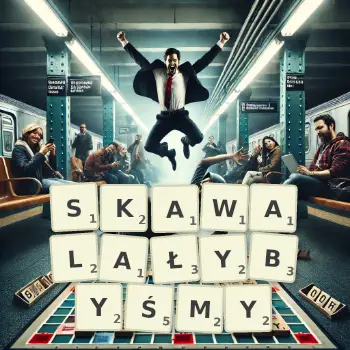 Kreatywna ilustracja do gry w Scrabble ze słowem SKAWALAŁYBYŚMY ułożonym z płytek na planszy.