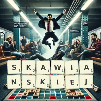 Kreatywna ilustracja do gry w Scrabble ze słowem SKAWIANSKIEJ ułożonym z płytek na planszy.