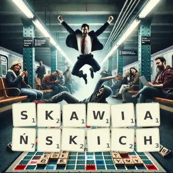 Kreatywna ilustracja do gry w Scrabble ze słowem SKAWIAŃSKICH ułożonym z płytek na planszy.