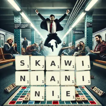 Kreatywna ilustracja do gry w Scrabble ze słowem SKAWINIANINIE ułożonym z płytek na planszy.