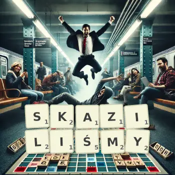 Kreatywna ilustracja do gry w Scrabble ze słowem SKAZILIŚMY ułożonym z płytek na planszy.