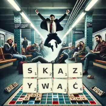 Kreatywna ilustracja do gry w Scrabble ze słowem SKAZYWAĆ ułożonym z płytek na planszy.