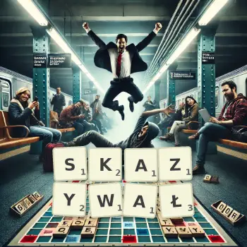 Kreatywna ilustracja do gry w Scrabble ze słowem SKAZYWAŁ ułożonym z płytek na planszy.