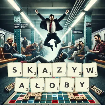 Kreatywna ilustracja do gry w Scrabble ze słowem SKAZYWAŁOBY ułożonym z płytek na planszy.