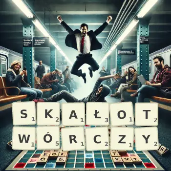 Kreatywna ilustracja do gry w Scrabble ze słowem SKAŁOTWÓRCZY ułożonym z płytek na planszy.