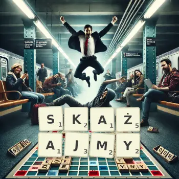 Kreatywna ilustracja do gry w Scrabble ze słowem SKAŻAJMY ułożonym z płytek na planszy.