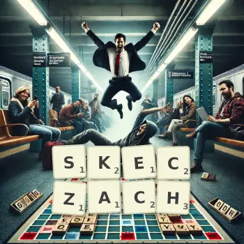 Kreatywna ilustracja do gry w Scrabble ze słowem SKECZACH ułożonym z płytek na planszy.