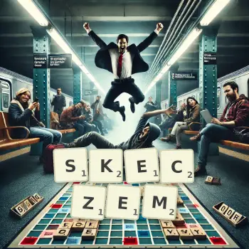 Kreatywna ilustracja do gry w Scrabble ze słowem SKECZEM ułożonym z płytek na planszy.