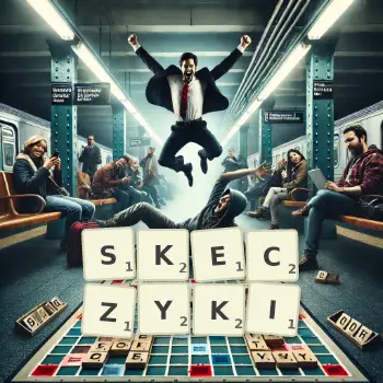 Kreatywna ilustracja do gry w Scrabble ze słowem SKECZYKI ułożonym z płytek na planszy.