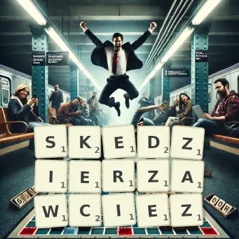 Kreatywna ilustracja do gry w Scrabble ze słowem SKEDZIERZAWCIEZ ułożonym z płytek na planszy.