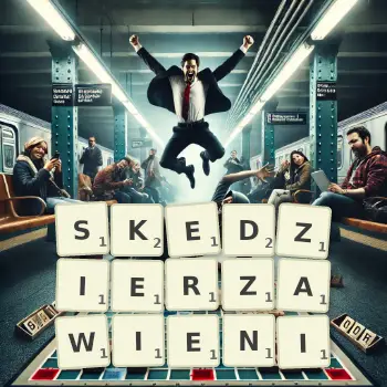 Kreatywna ilustracja do gry w Scrabble ze słowem SKEDZIERZAWIENI ułożonym z płytek na planszy.