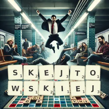Kreatywna ilustracja do gry w Scrabble ze słowem SKEJTOWSKIEJ ułożonym z płytek na planszy.