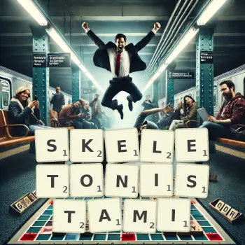 Kreatywna ilustracja do gry w Scrabble ze słowem SKELETONISTAMI ułożonym z płytek na planszy.