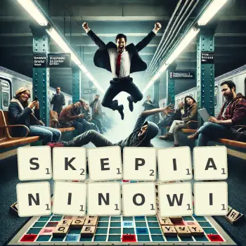 Kreatywna ilustracja do gry w Scrabble ze słowem SKEPIANINOWI ułożonym z płytek na planszy.