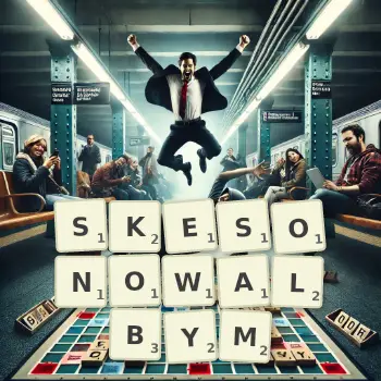 Kreatywna ilustracja do gry w Scrabble ze słowem SKESONOWALBYM ułożonym z płytek na planszy.