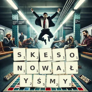Kreatywna ilustracja do gry w Scrabble ze słowem SKESONOWAŁYŚMY ułożonym z płytek na planszy.