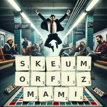 Kreatywna ilustracja do gry w Scrabble ze słowem SKEUMORFIZMAMI ułożonym z płytek na planszy.