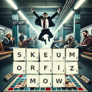 Kreatywna ilustracja do gry w Scrabble ze słowem SKEUMORFIZMOW ułożonym z płytek na planszy.