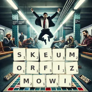 Kreatywna ilustracja do gry w Scrabble ze słowem SKEUMORFIZMOWI ułożonym z płytek na planszy.