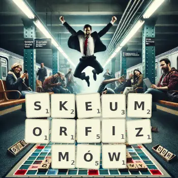 Kreatywna ilustracja do gry w Scrabble ze słowem SKEUMORFIZMÓW ułożonym z płytek na planszy.