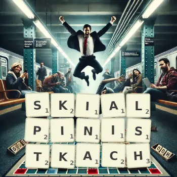 Kreatywna ilustracja do gry w Scrabble ze słowem SKIALPINISTKACH ułożonym z płytek na planszy.