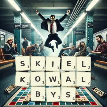 Kreatywna ilustracja do gry w Scrabble ze słowem SKIELKOWALBYS ułożonym z płytek na planszy.