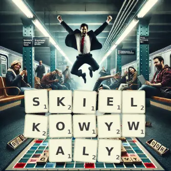 Kreatywna ilustracja do gry w Scrabble ze słowem SKIELKOWYWALY ułożonym z płytek na planszy.