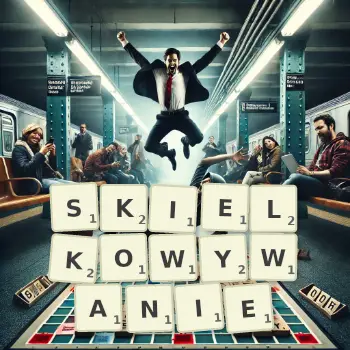 Kreatywna ilustracja do gry w Scrabble ze słowem SKIELKOWYWANIE ułożonym z płytek na planszy.