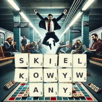 Kreatywna ilustracja do gry w Scrabble ze słowem SKIELKOWYWANY ułożonym z płytek na planszy.