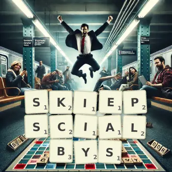 Kreatywna ilustracja do gry w Scrabble ze słowem SKIEPSCIALBYS ułożonym z płytek na planszy.