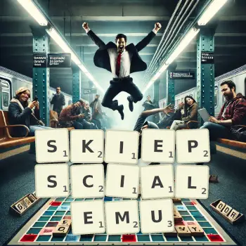 Kreatywna ilustracja do gry w Scrabble ze słowem SKIEPSCIALEMU ułożonym z płytek na planszy.