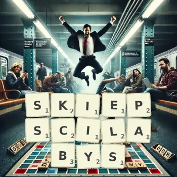 Kreatywna ilustracja do gry w Scrabble ze słowem SKIEPSCILABYS ułożonym z płytek na planszy.