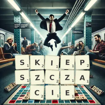 Kreatywna ilustracja do gry w Scrabble ze słowem SKIEPSZCZACIE ułożonym z płytek na planszy.