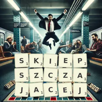Kreatywna ilustracja do gry w Scrabble ze słowem SKIEPSZCZAJACEJ ułożonym z płytek na planszy.
