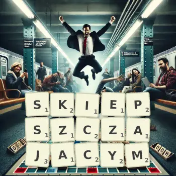 Kreatywna ilustracja do gry w Scrabble ze słowem SKIEPSZCZAJACYM ułożonym z płytek na planszy.