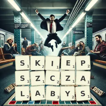 Kreatywna ilustracja do gry w Scrabble ze słowem SKIEPSZCZALABYS ułożonym z płytek na planszy.