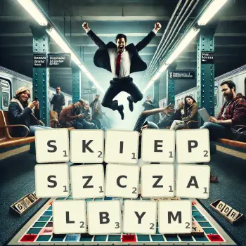 Kreatywna ilustracja do gry w Scrabble ze słowem SKIEPSZCZALBYM ułożonym z płytek na planszy.