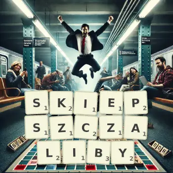Kreatywna ilustracja do gry w Scrabble ze słowem SKIEPSZCZALIBY ułożonym z płytek na planszy.