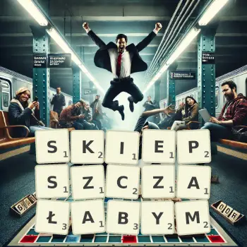 Kreatywna ilustracja do gry w Scrabble ze słowem SKIEPSZCZAŁABYM ułożonym z płytek na planszy.