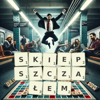 Kreatywna ilustracja do gry w Scrabble ze słowem SKIEPSZCZAŁEM ułożonym z płytek na planszy.