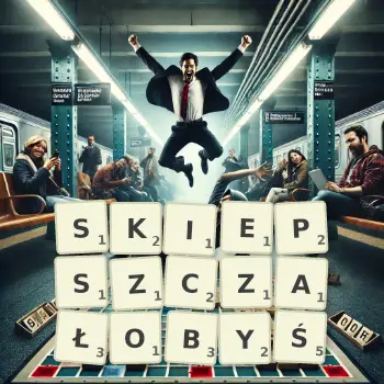 Kreatywna ilustracja do gry w Scrabble ze słowem SKIEPSZCZAŁOBYŚ ułożonym z płytek na planszy.