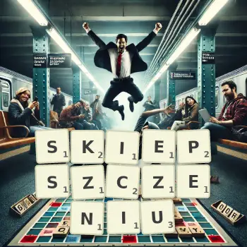 Kreatywna ilustracja do gry w Scrabble ze słowem SKIEPSZCZENIU ułożonym z płytek na planszy.