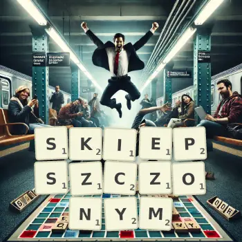 Kreatywna ilustracja do gry w Scrabble ze słowem SKIEPSZCZONYM ułożonym z płytek na planszy.
