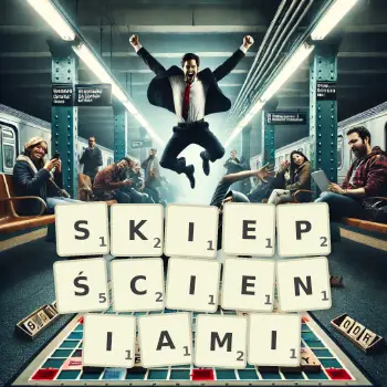 Kreatywna ilustracja do gry w Scrabble ze słowem SKIEPŚCIENIAMI ułożonym z płytek na planszy.