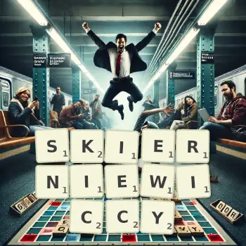 Kreatywna ilustracja do gry w Scrabble ze słowem SKIERNIEWICCY ułożonym z płytek na planszy.